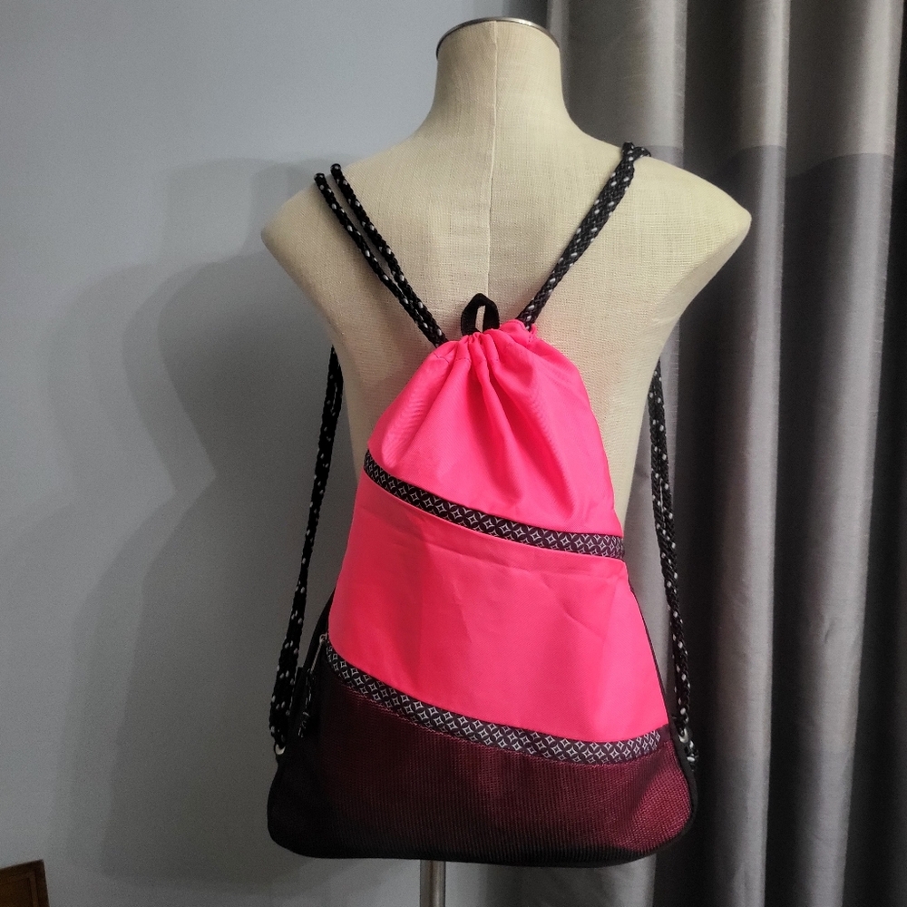 Pink and Black Minimalist Nylon Drawstring Backpack.